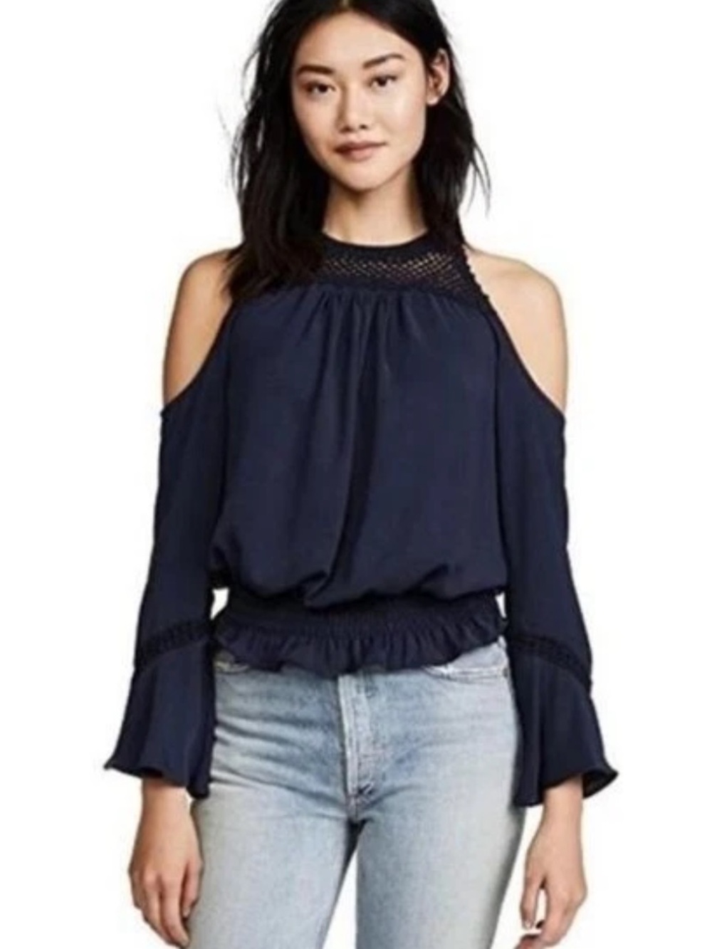 Ramy Brook Navy Crochet-Yoke Cold-Shoulder Blouse